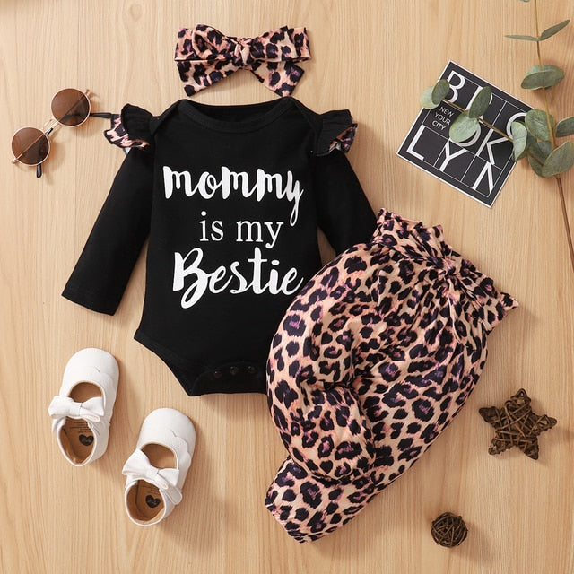 Ruffles Romper Top Bow Leopard Pants New Born Sets