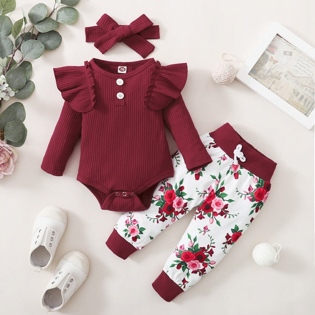 Ruffles Romper Top Bow Leopard Pants New Born Sets