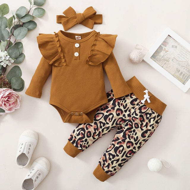 Ruffles Romper Top Bow Leopard Pants New Born Sets