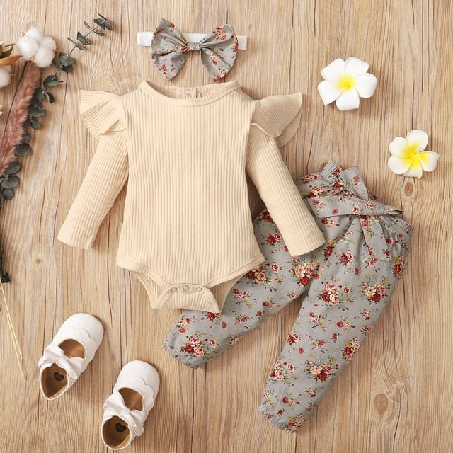 Ruffles Romper Top Bow Leopard Pants New Born Sets