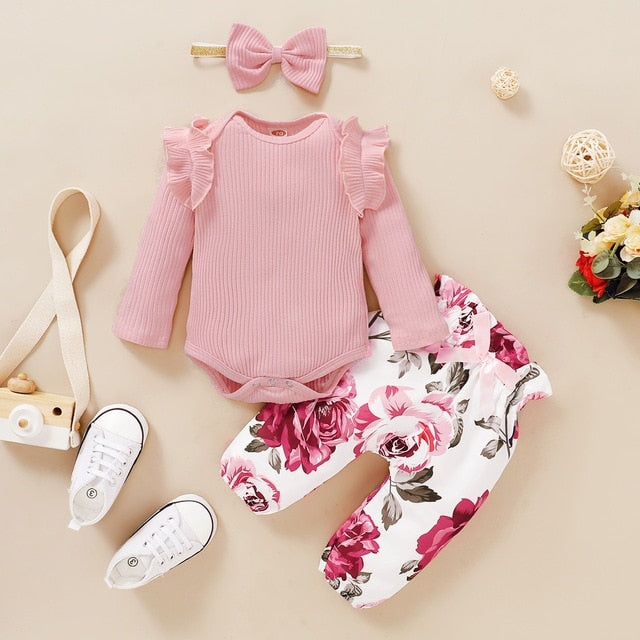 Ruffles Romper Top Bow Leopard Pants New Born Sets
