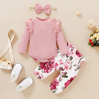 Ruffles Romper Top Bow Leopard Pants New Born Sets