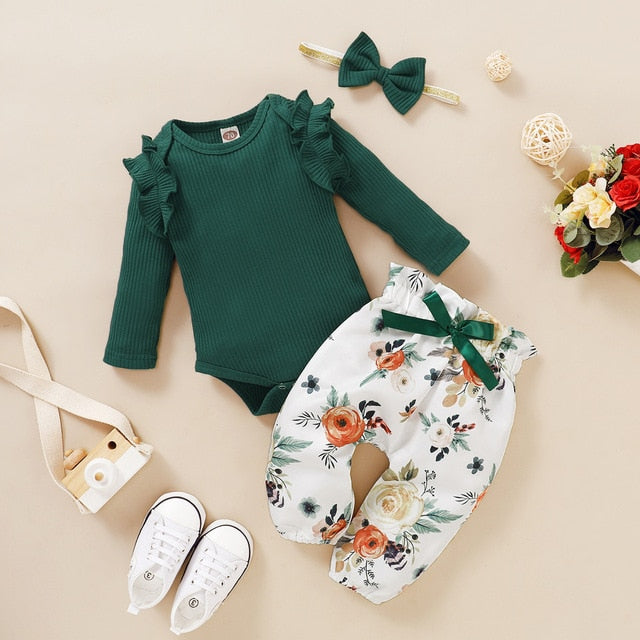 Ruffles Romper Top Bow Leopard Pants New Born Sets