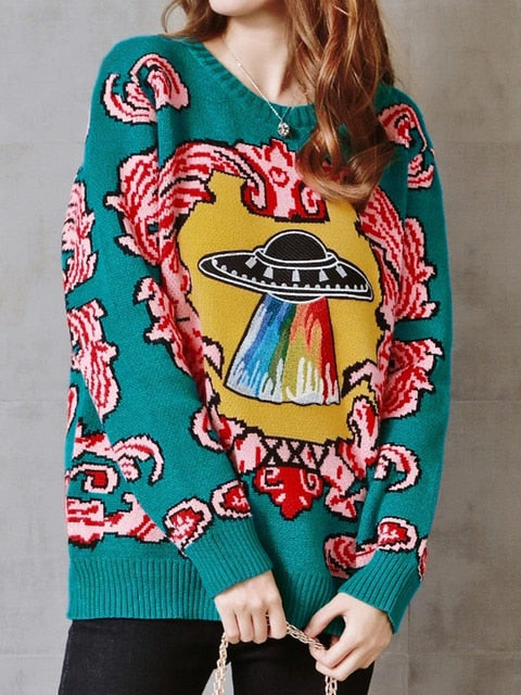 Vintage Warm Thicken Sweaters Ufo Clouds Jacquard Pullovers