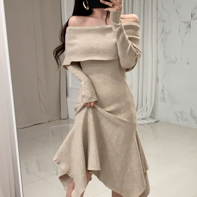 Vintage Sexy Slash Neck Long Sleeve Dress - Azahshopping