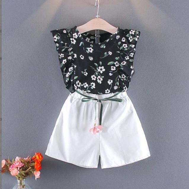 Short Sleeve Shirt Short Skirt 2 Piece Suits Cartoon Girl Bow Cotton sets