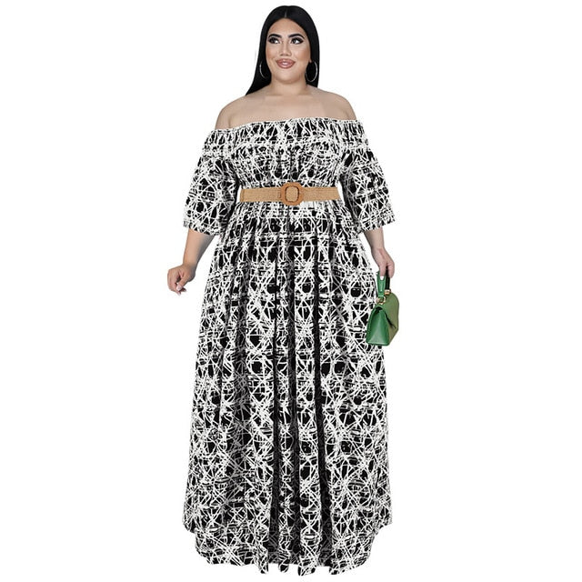 Off Shoulder Plus Size Long Dress With Belt - Azahshopping