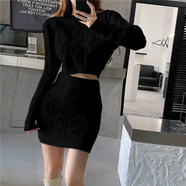 One Size Sweater Crop Top + Bodycon Mini Skirt -2 Piece Set