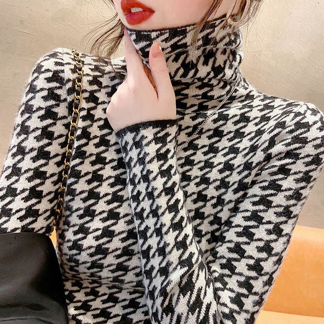 Houndstooth T-shirts Women Turtleneck Autumn Vintage Design Ladies Popular Soft Leisure Chic Top