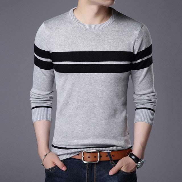Knitted Sweater Round Neck Long Sleeve Pullover Stripe Patchwork