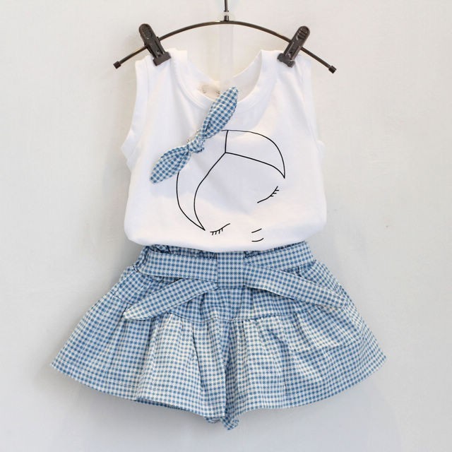 Short Sleeve Shirt Short Skirt 2 Piece Suits Cartoon Girl Bow Cotton sets