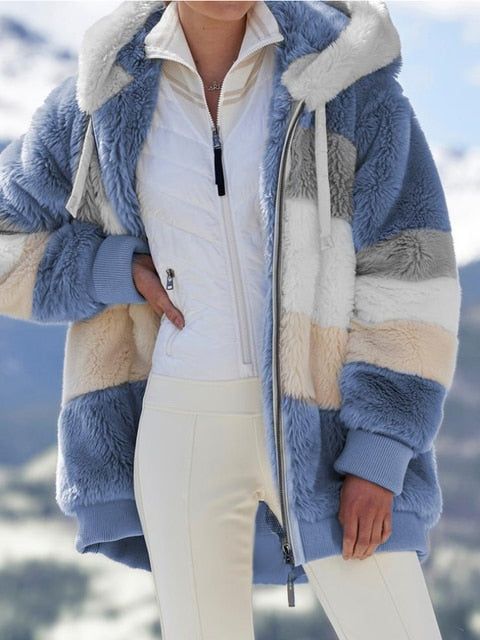 Hooded Warm Patchwork Color Zipper Pocket Jacket - Azahshopping