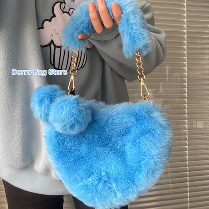 Handbags Cute Plush Ladies Heart Shaped Shoulder Bag