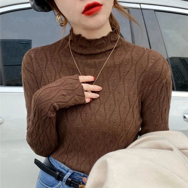 Half High neck Knitwear Slim Solid Color Pullover Sweater - Azahshopping