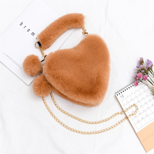 Handbags Cute Plush Ladies Heart Shaped Shoulder Bag