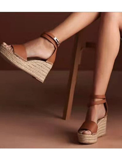 Leather Straw Thick Bottom Super High Heel Wedge