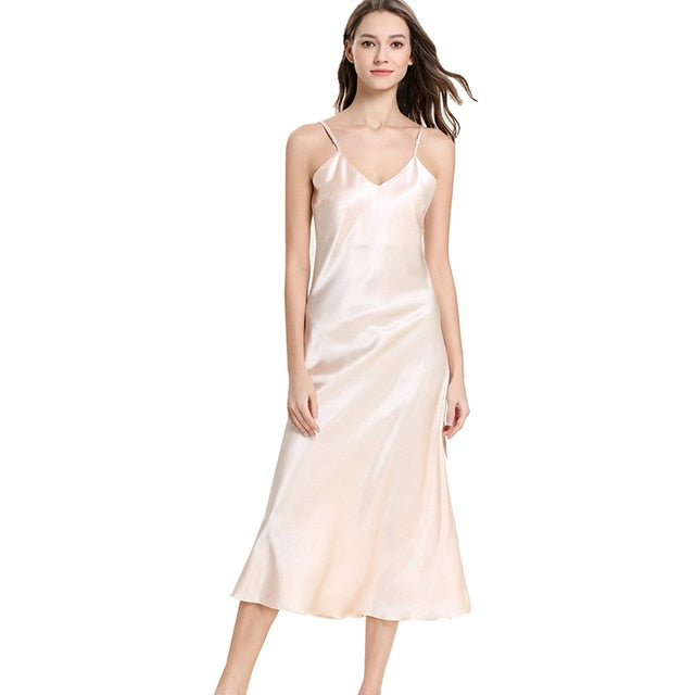 Nightgown Long Slip Silk V Neck Satin Nightgown