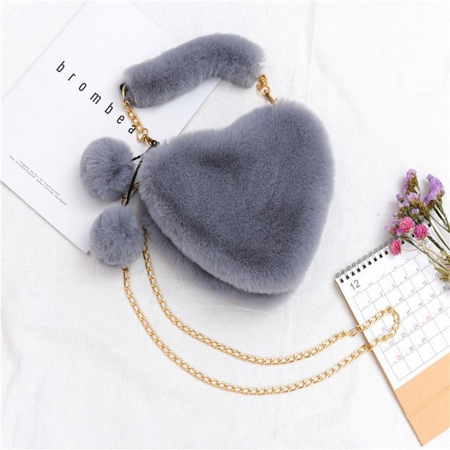 Handbags Cute Plush Ladies Heart Shaped Shoulder Bag