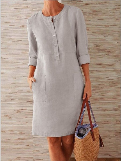 Cotton Linen Dress Spring Vintage Long Sleeve