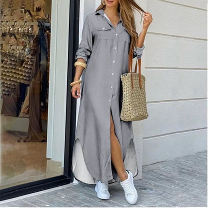 Long Sleeve Maxi Dresses Laides Turn-down Collar Shirt Dress