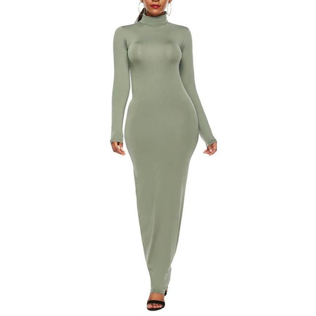 Long Sleeve Turtle Neck Stretchy Bodycon Long Dress - Azahshopping