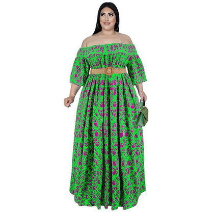 Off Shoulder Plus Size Long Dress With Belt - Azahshopping