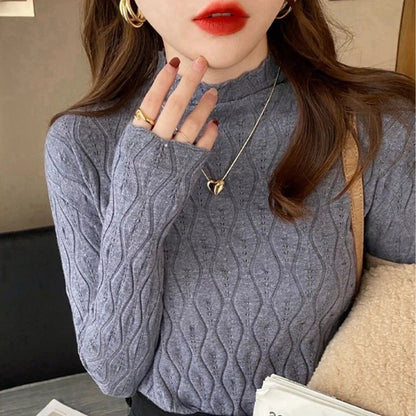 Half High neck Knitwear Slim Solid Color Pullover Sweater - Azahshopping