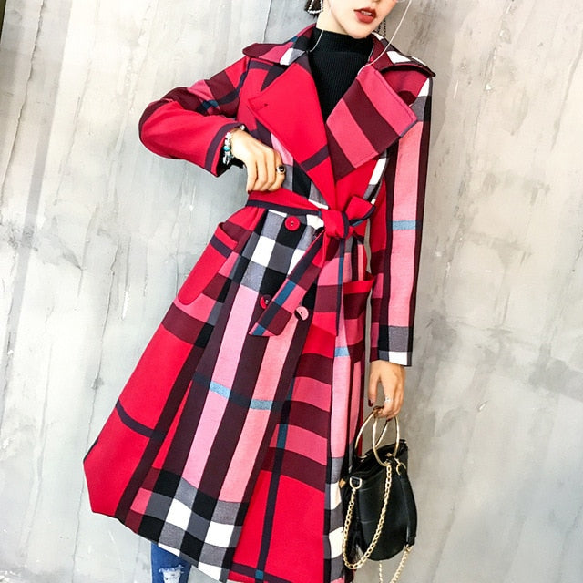 Winter Plaid Lapel Mid Length Retro Trench Coat - Azahshopping