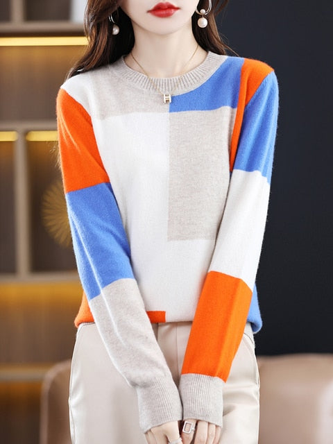 Patchwork Casual Coats Pullover Long Sleeve O-neck Jumper - Pullovers - Azahshopping