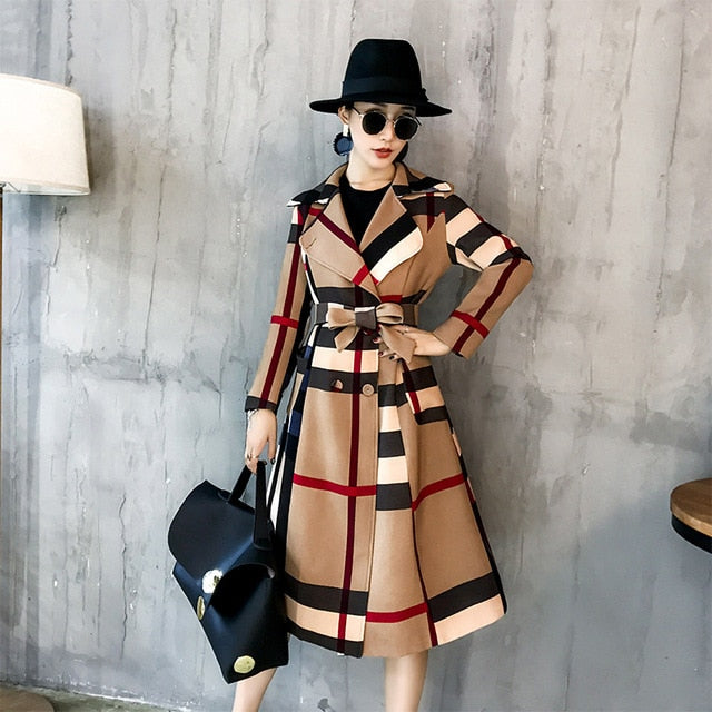 Winter Plaid Lapel Mid Length Retro Trench Coat - Azahshopping