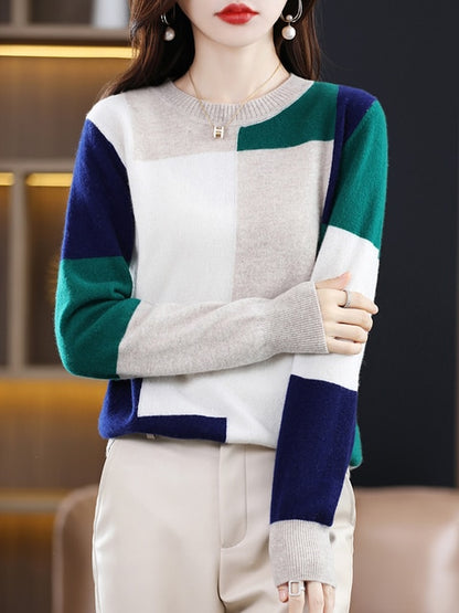 Patchwork Casual Coats Pullover Long Sleeve O-neck Jumper - Pullovers - Azahshopping