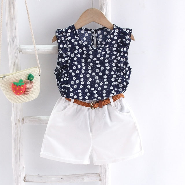 Short Sleeve Shirt Short Skirt 2 Piece Suits Cartoon Girl Bow Cotton sets