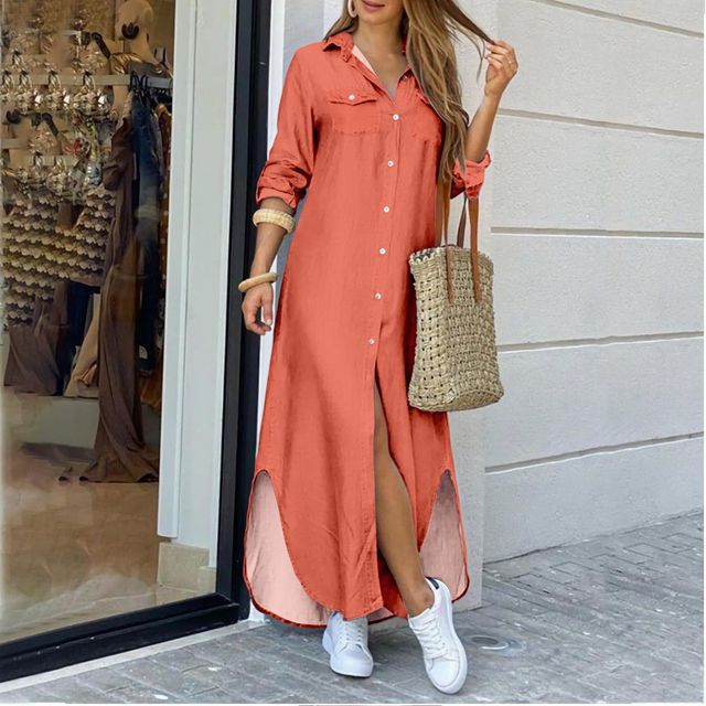 Long Sleeve Maxi Dresses Laides Turn-down Collar Shirt Dress