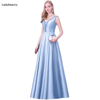 Red V Neck Beads Backless Long Evening Dress - Azahshopping