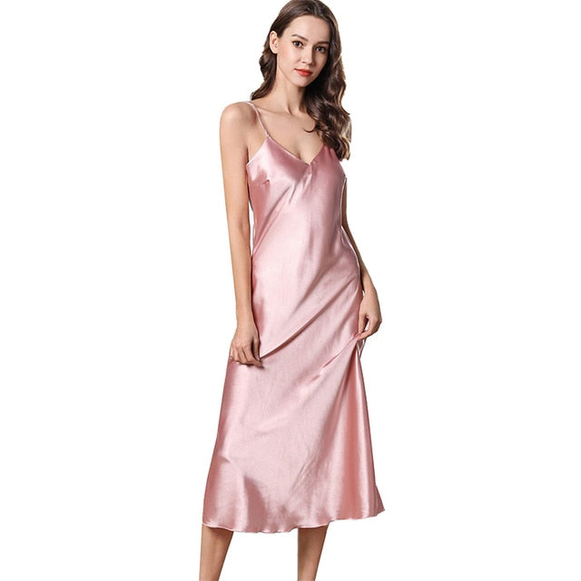 Nightgown Long Slip Silk V Neck Satin Nightgown