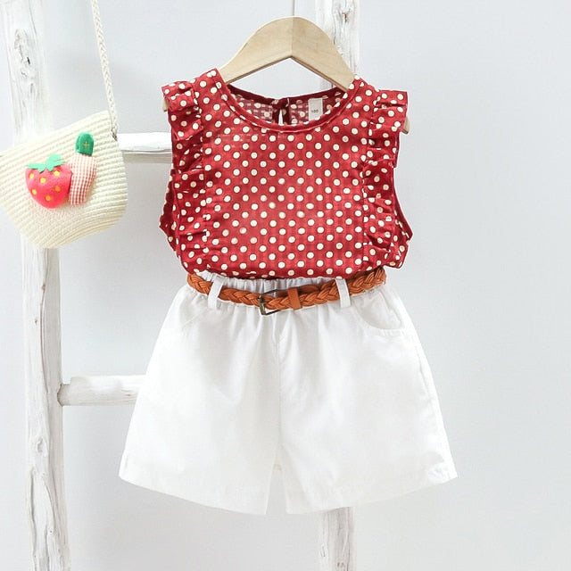 Short Sleeve Shirt Short Skirt 2 Piece Suits Cartoon Girl Bow Cotton sets