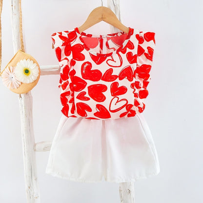 Short Sleeve Shirt Short Skirt 2 Piece Suits Cartoon Girl Bow Cotton sets