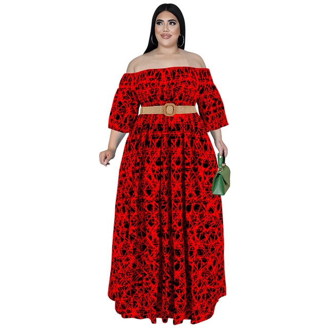 Off Shoulder Plus Size Long Dress With Belt - Azahshopping