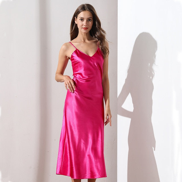 Nightgown Long Slip Silk V Neck Satin Nightgown