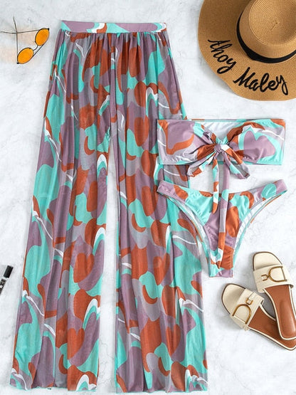 Print Swimwear Beach Skirt Bathing Suit 3 Pieces Set