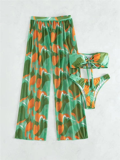 Print Swimwear Beach Skirt Bathing Suit 3 Pieces Set