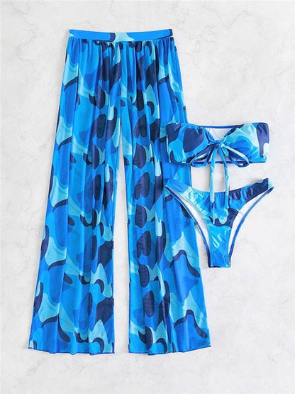 Print Swimwear Beach Skirt Bathing Suit 3 Pieces Set