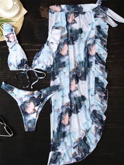 Print Swimwear Beach Skirt Bathing Suit 3 Pieces Set