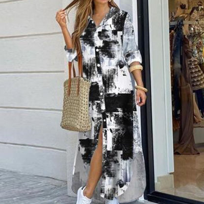 Long Sleeve Maxi Dresses Laides Turn-down Collar Shirt Dress