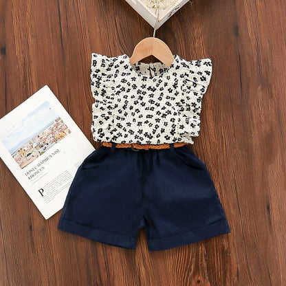 Short Sleeve Shirt Short Skirt 2 Piece Suits Cartoon Girl Bow Cotton sets