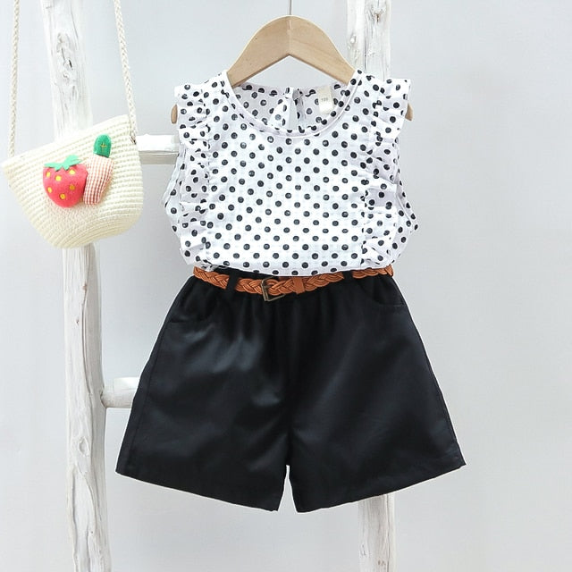 Short Sleeve Shirt Short Skirt 2 Piece Suits Cartoon Girl Bow Cotton sets