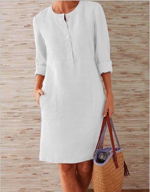 Cotton Linen Dress Spring Vintage Long Sleeve