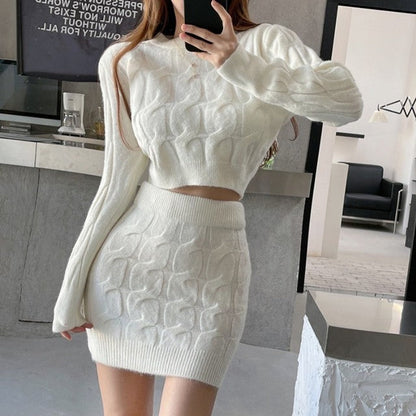 One Size Sweater Crop Top + Bodycon Mini Skirt -2 Piece Set