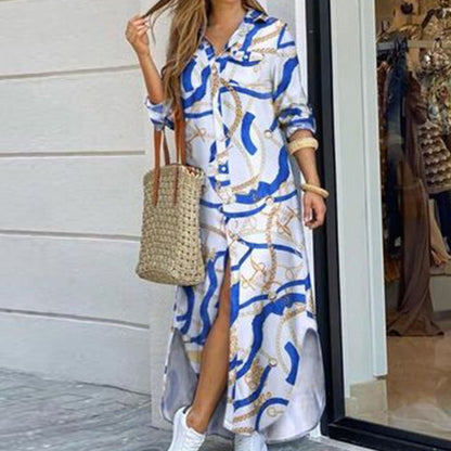 Long Sleeve Maxi Dresses Laides Turn-down Collar Shirt Dress