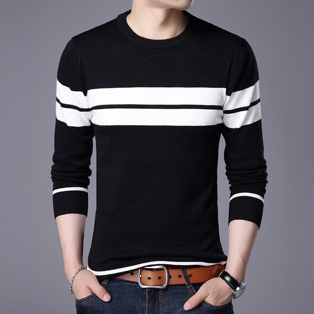 Knitted Sweater Round Neck Long Sleeve Pullover Stripe Patchwork